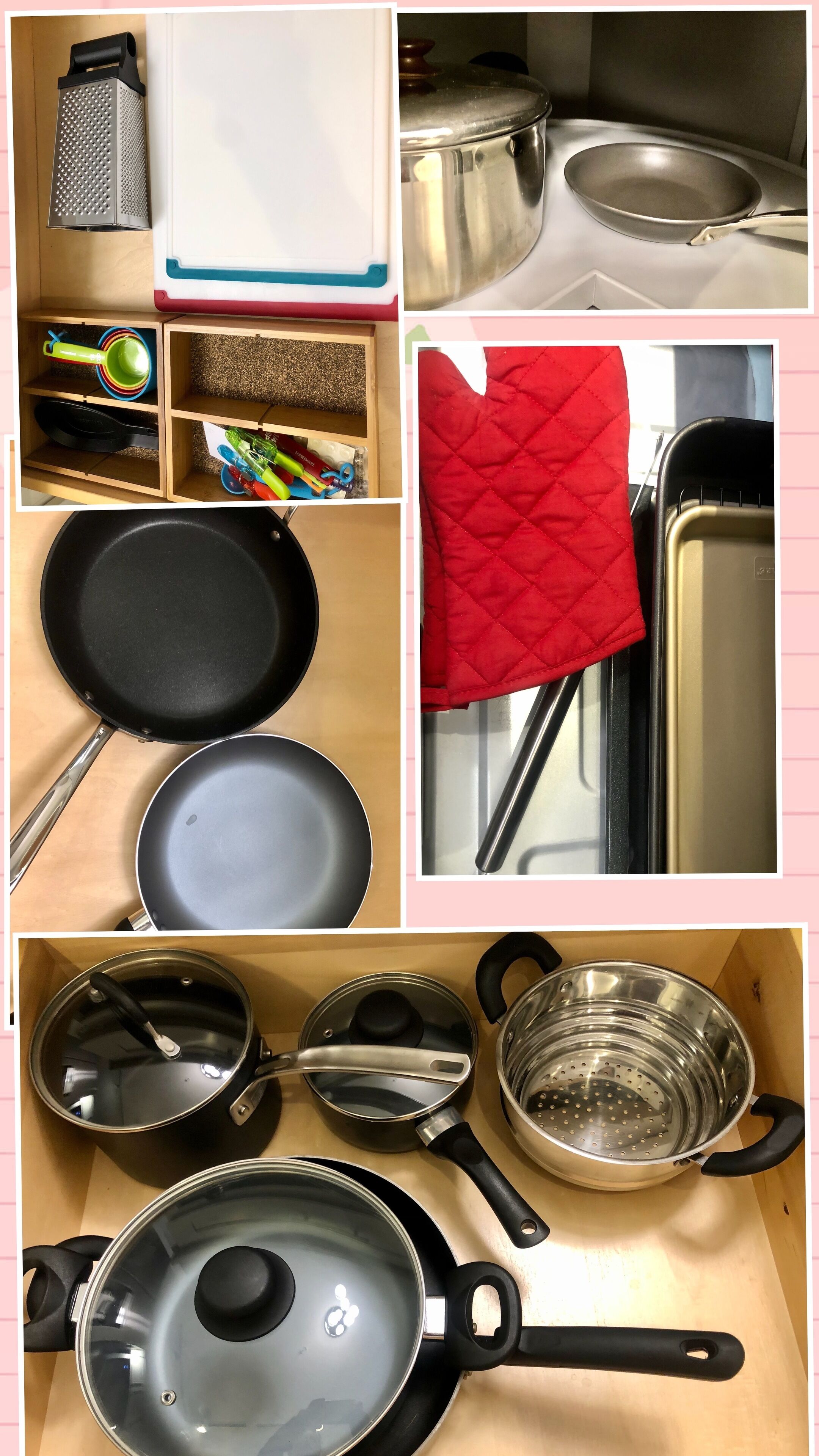 A kitchen with various cookware including pots, pans, and a grater.