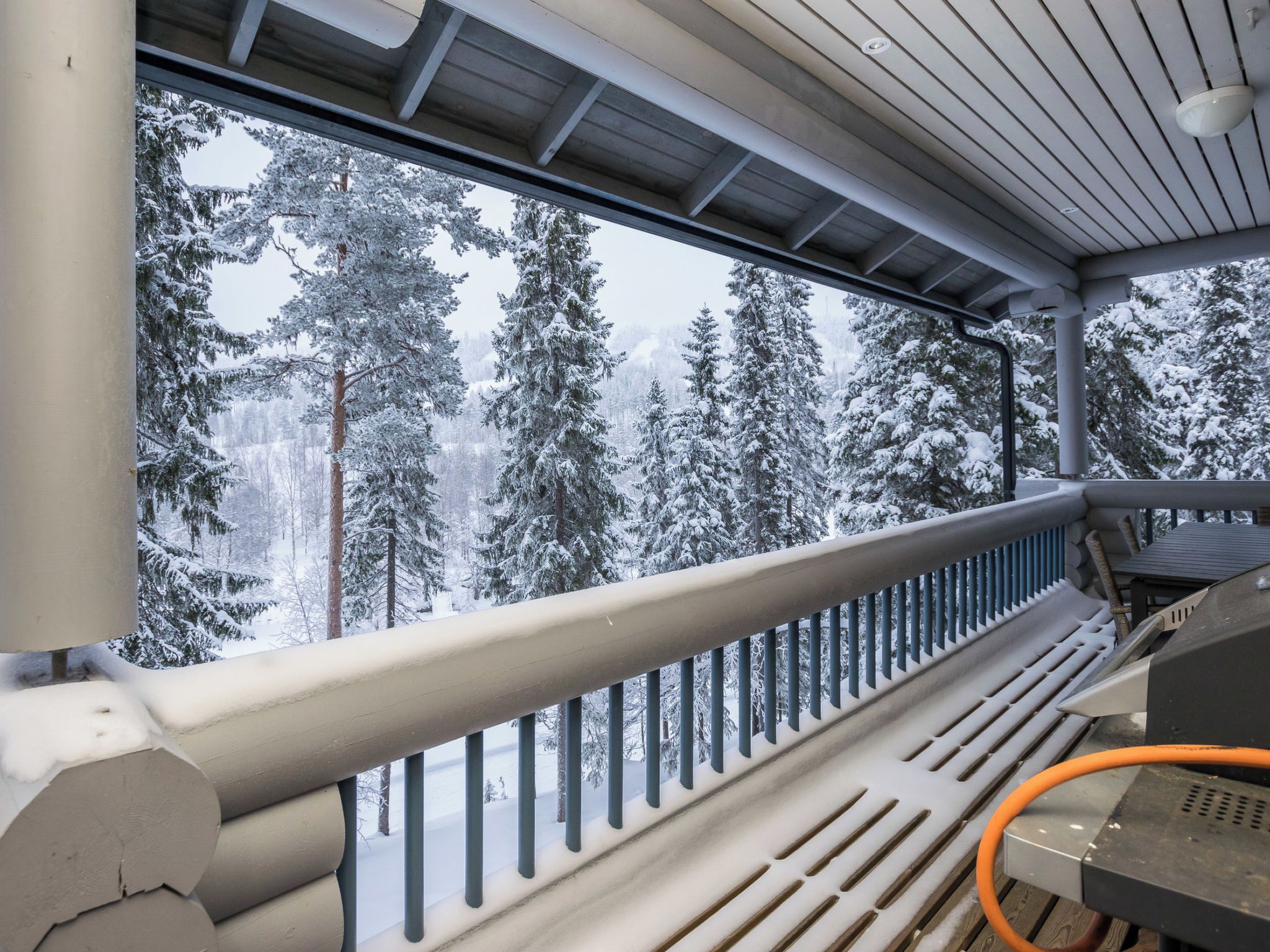 Un balcon doté d’une balustrade en métal donnant sur une forêt enneigée.