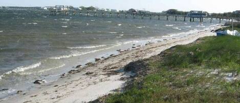 Una playa con un muelle que se adentra en el agua, una orilla arenosa y zonas verdes.