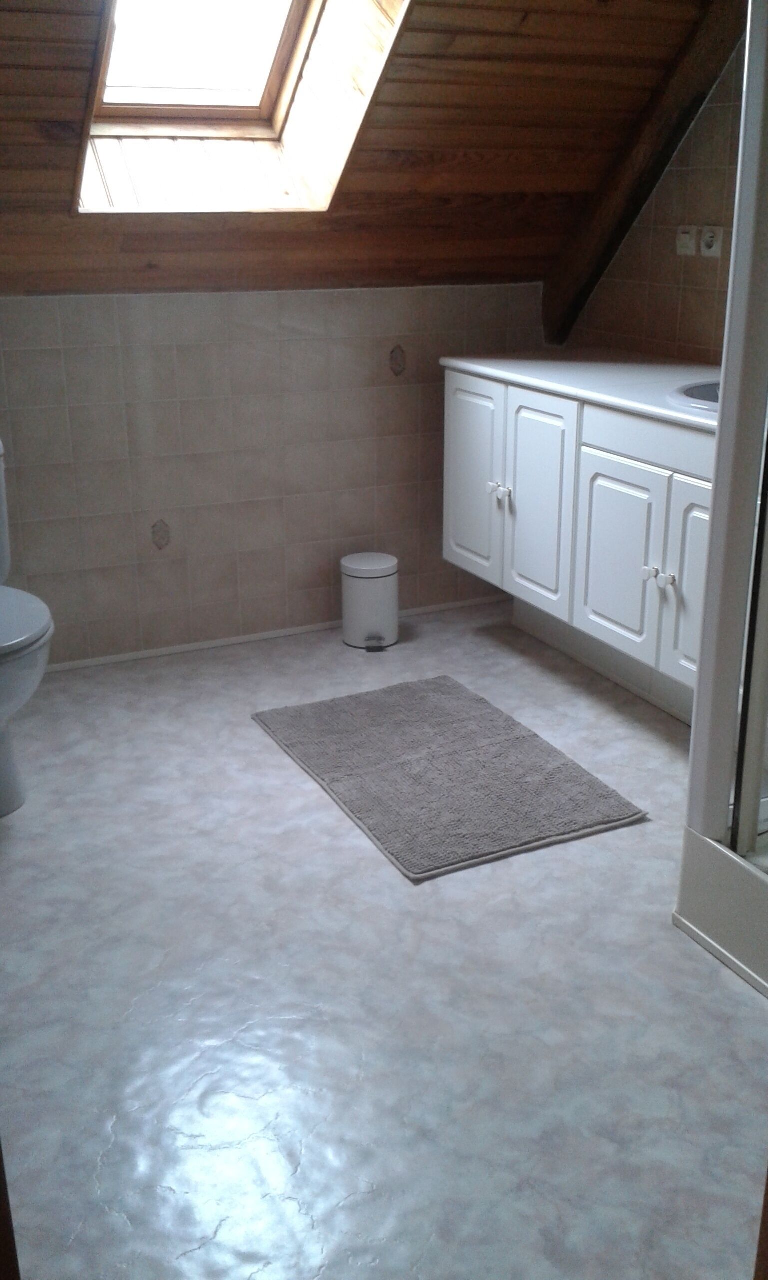 A bathroom with a skylight, white cabinets, a toilet, and a small trash bin.