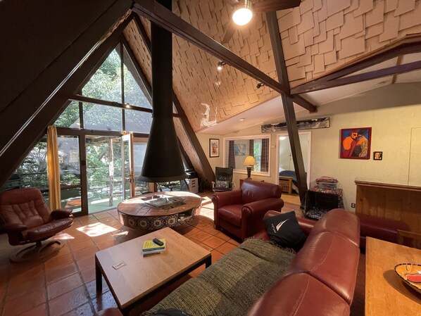 Älytelevisio, takka, kirjoja, työhuone