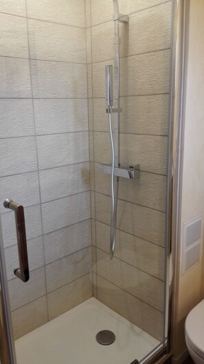 Un espacio de ducha con mampara de vidrio, paredes de azulejos y barandilla de madera.