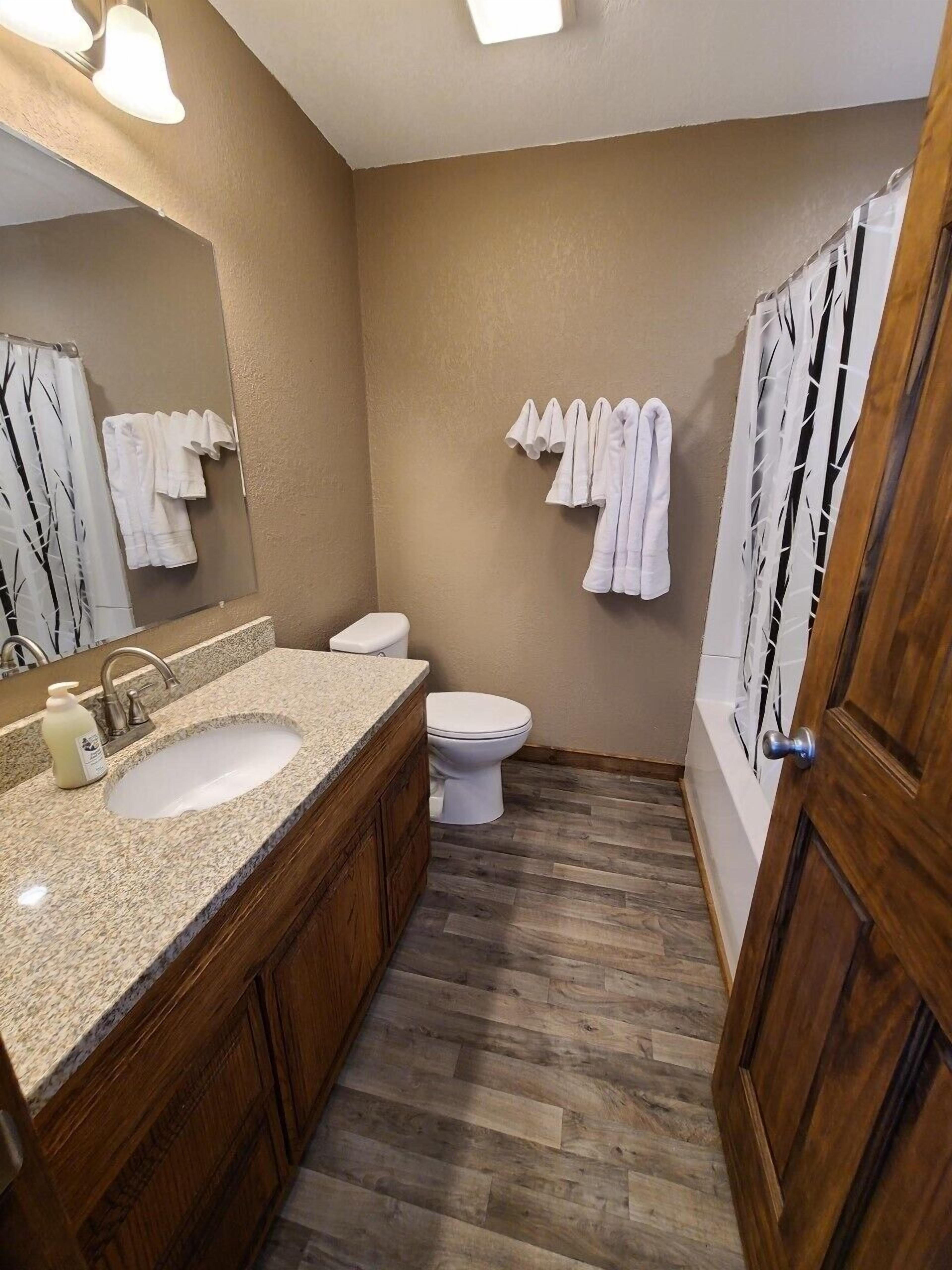 Combined shower/bathtub, hair dryer, towels, soap