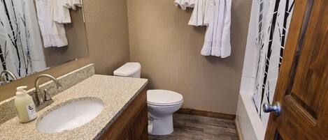 Combined shower/bathtub, hair dryer, towels, soap