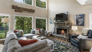 TV connectée, cheminée, livres