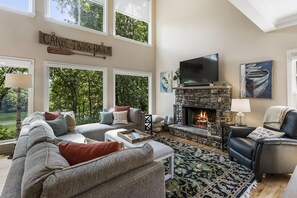 Smart TV, fireplace, books