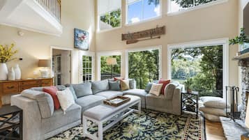 TV connectée, cheminée, livres