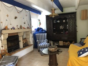 Smart TV, fireplace, books