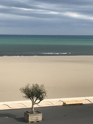 Plage, chaises longues, serviettes de plage