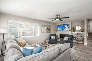 Smart TV, fireplace, table football, books