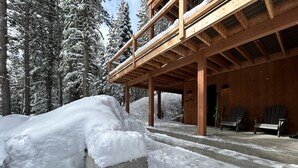 A wooden cabin with a covered porch, steps leading up to the entrance, and snow-covered trees in the background.