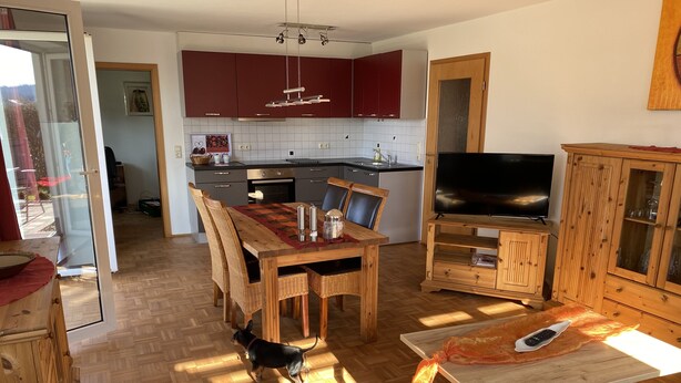 Una cocina moderna con armarios rojos, un comedor con mesa y sillas de madera, un televisor sobre un mueble de madera y un perro en la habitación.