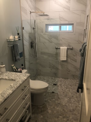 Bathtub, hair dryer, towels, soap