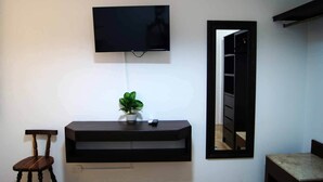 Een moderne woonkamer met een wandtelevisie, een potplant, een kleine tafel en een stoel.