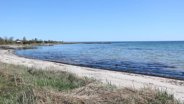 A beach with a wooden pier extending into the water, a sandy shore, and sparse vegetation. - Beautiful home in Löttorp with WiFi (Löttorp)
