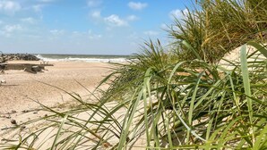 Une plage avec une digue rocheuse, un rivage sablonneux et des vagues en arrière-plan.