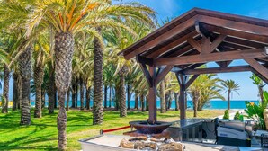 Zona de barbacoa con una parrilla, un espacio de estar cubierto y palmeras.