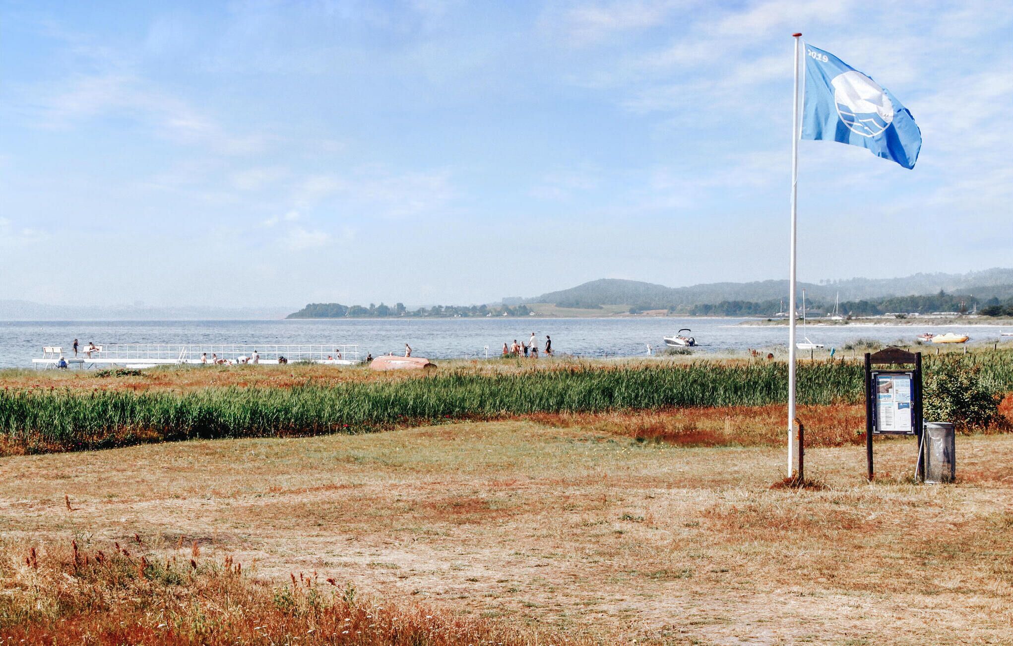Zona costera con un asta de bandera, un campo de césped y una masa de agua con barcos.