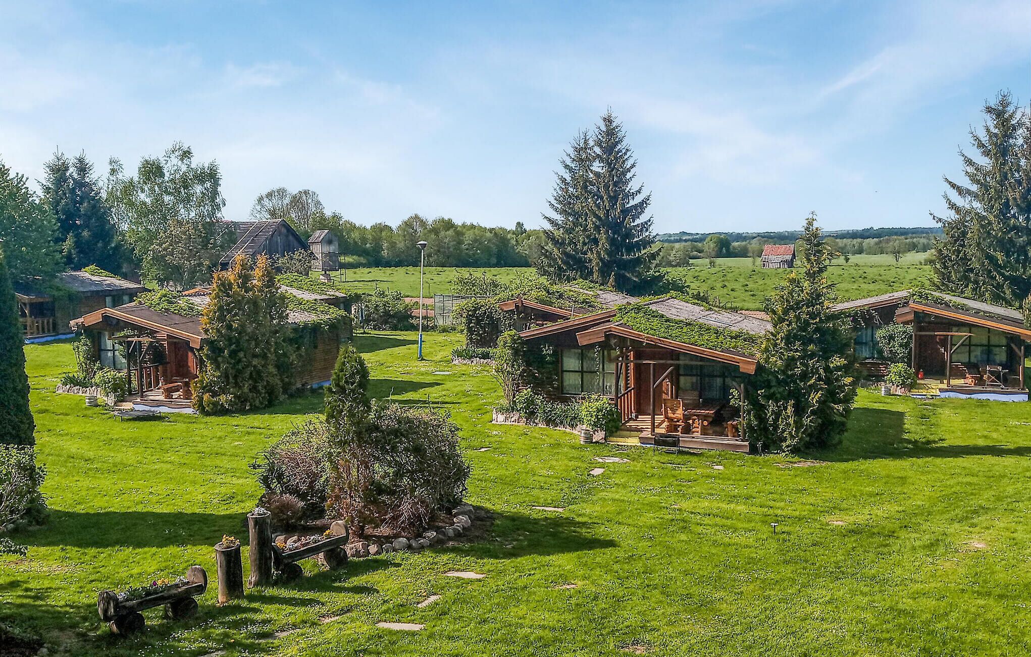 A rural property with multiple wooden cabins surrounded by lush greenery and trees.
