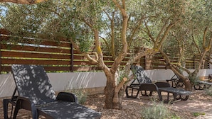 An outdoor seating area with metal chairs and tables, surrounded by trees and a wooden fence.