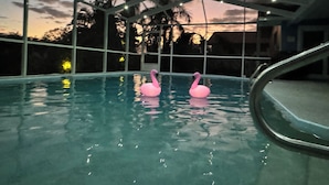 Una piscina con dos flotadores de flamenco rosa, rodeada por una zona cubierta con guirnaldas de luces.