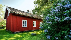 Een rode houten woning met een pannendak, twee ramen en een tuin met blauwe bloemen.