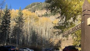 A parking area with a sign reading "Yankee Girl Court" surrounded by trees and a mountain in the background.