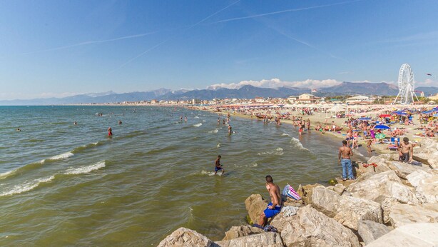 A beach with rocky shorelines, people swimming and sunbathing, and a Ferris wheel in the distance. - Awesome apartment in Viareggio with WiFi (Viareggio)