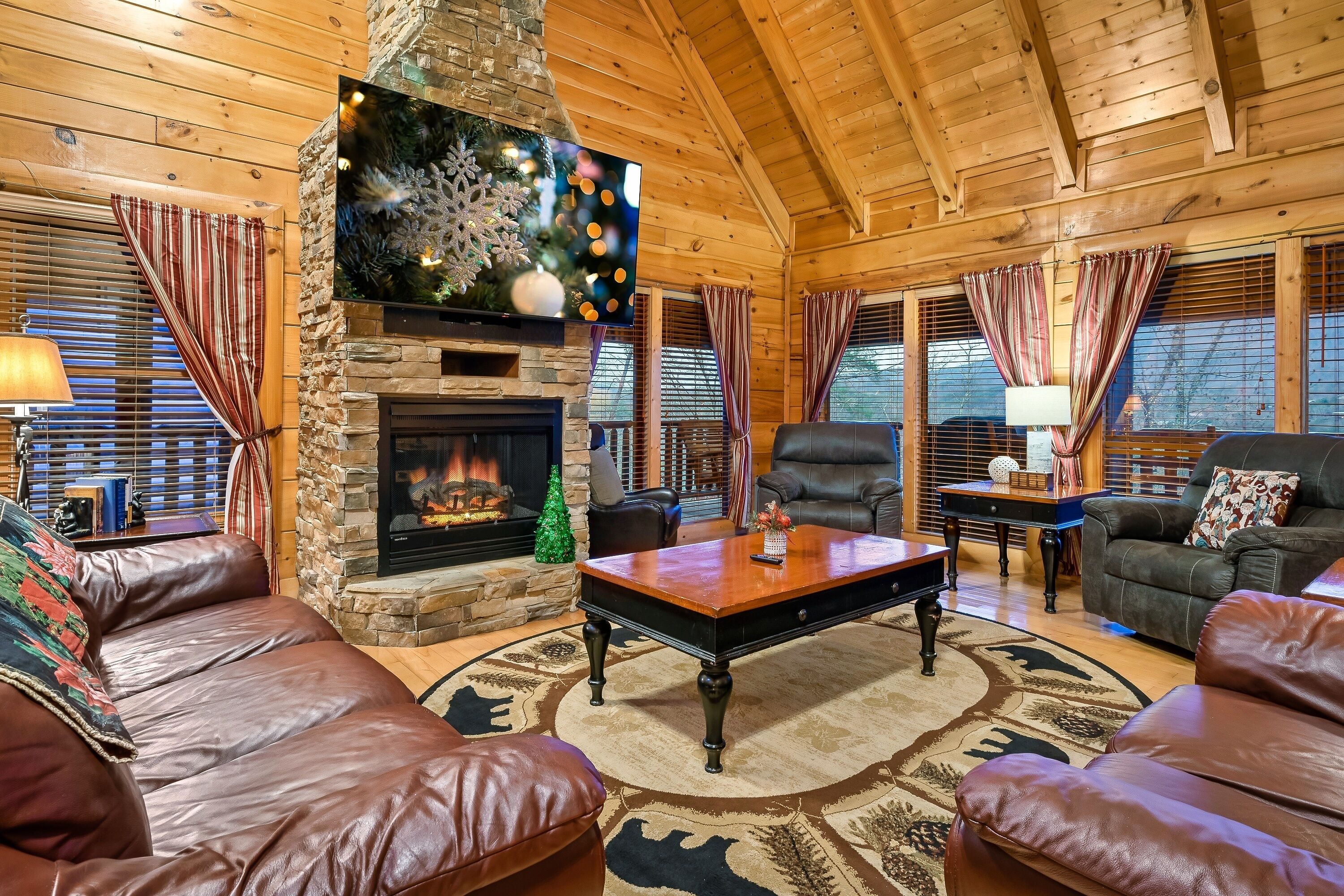 Smart TV, fireplace, video games, DVD player