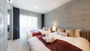 1 bedroom, premium bedding, laptop workspace, blackout drapes