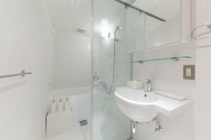 Combined shower/bathtub, hair dryer, bidet, towels