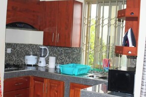 Fridge, microwave, stovetop, electric kettle