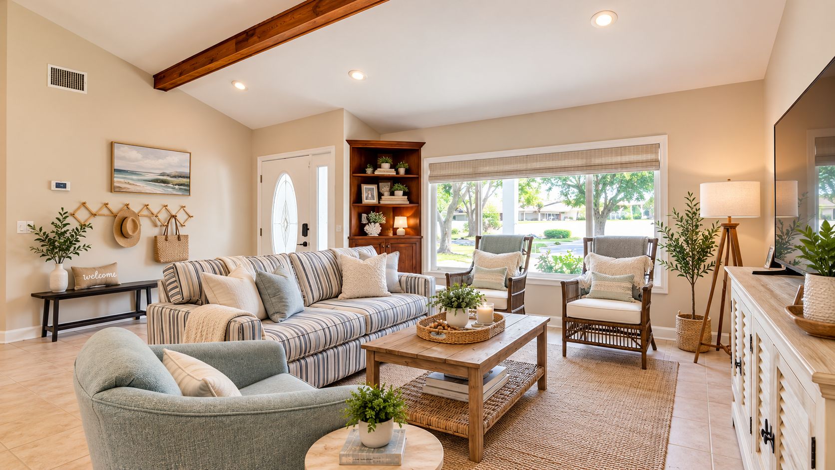 A living room with a sofa, chairs, a coffee table, and a bookshelf.