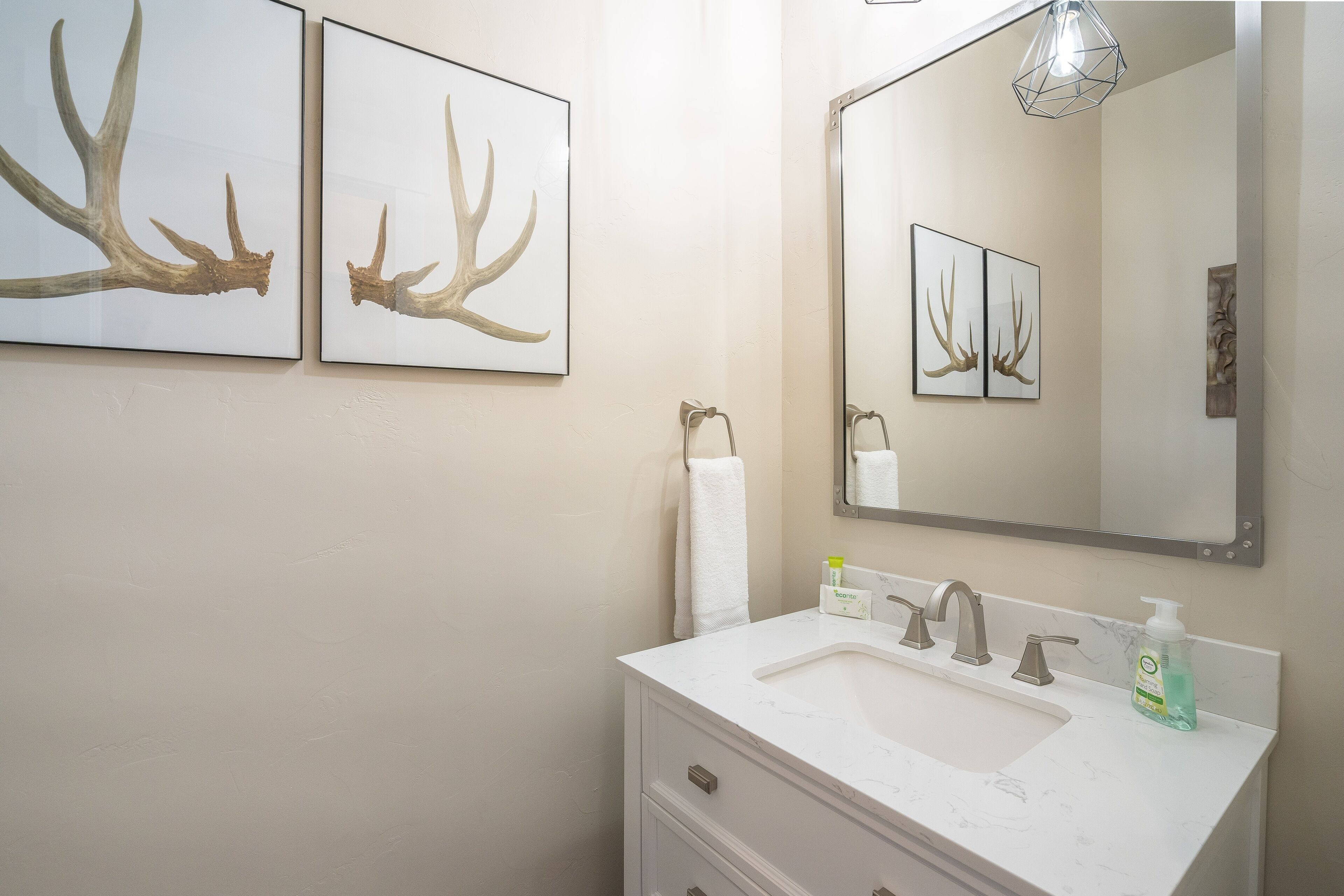 Un bagno con un lavandino bianco, due rubinetti, uno specchio e due immagini di corna incorniciate appese alla parete.