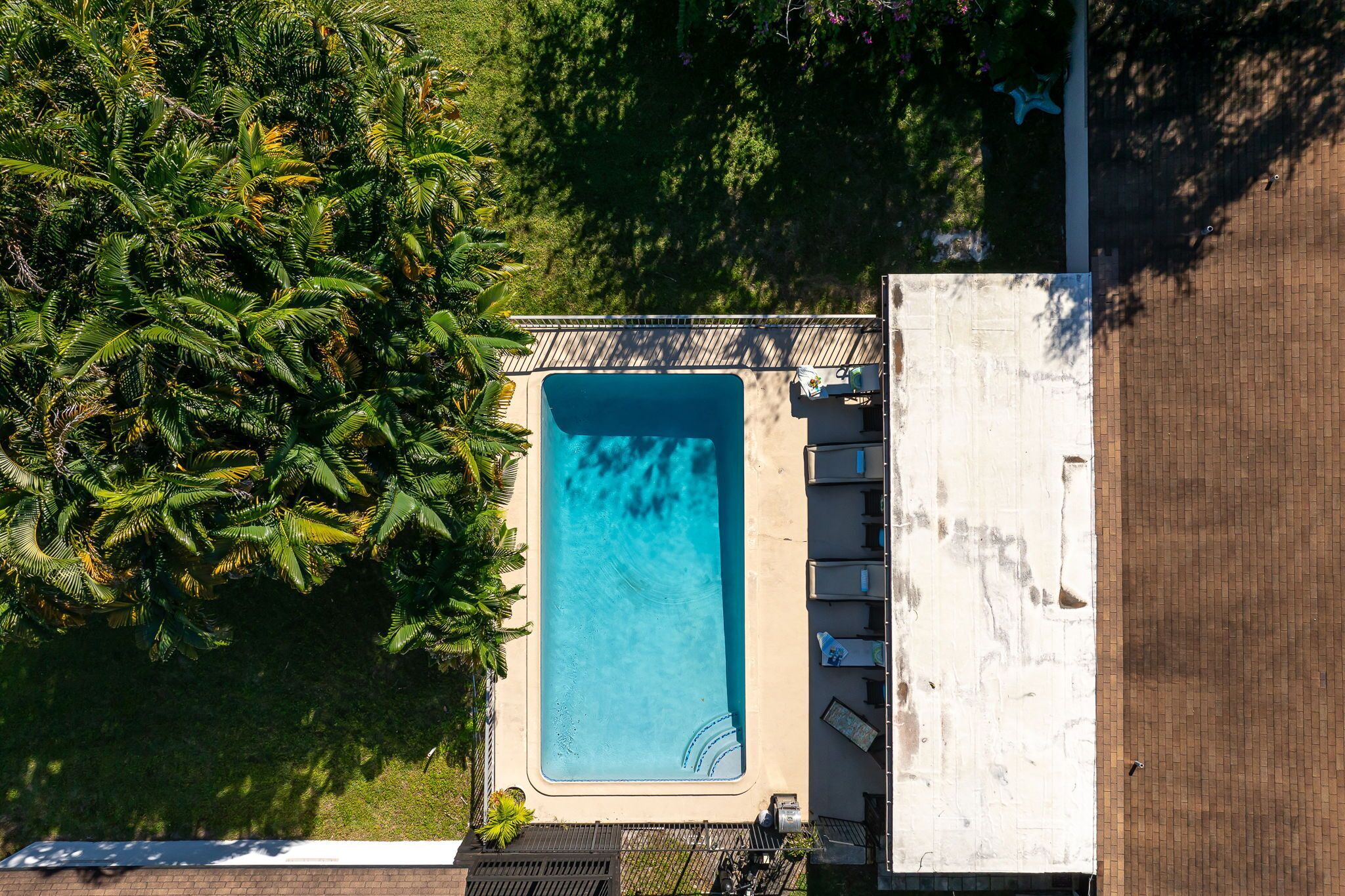 An aerial view of a rectangular swimming pool with a surrounding deck, adjacent to a building with a brick facade.