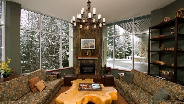 A cozy living room with a fireplace, large windows, and a bookshelf. - Upper level condo w/ AC & hot tub (Whistler)