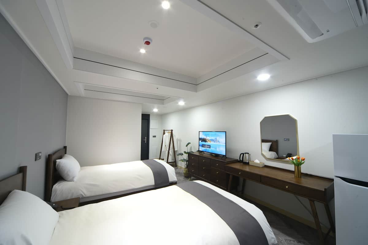 1 bedroom, desk, blackout curtains, iron/ironing board