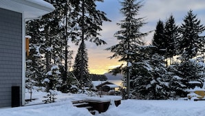 Et snøklædt boligområde med et hus, snefyldte træer og en klar himmel.