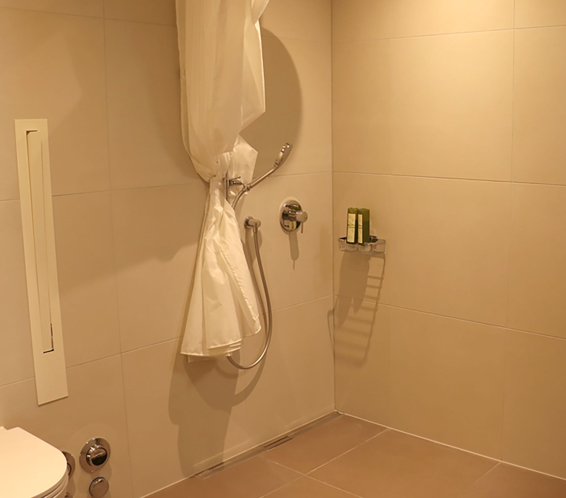 studio | bathroom | shower, rainfall showerhead, designer toiletries, hair dryer