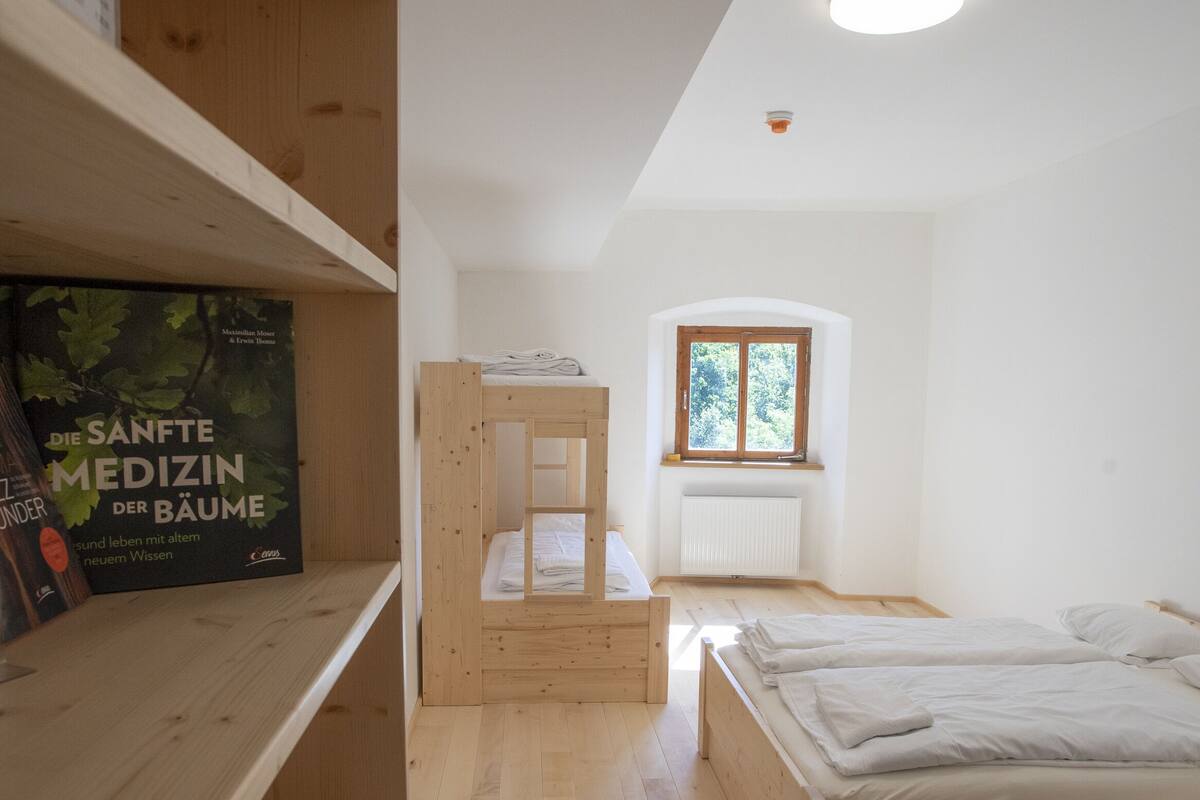 A bedroom with a bunk bed, wooden flooring, a window with a view, and a shelf with books.