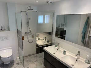 Combined shower/tub, hair dryer