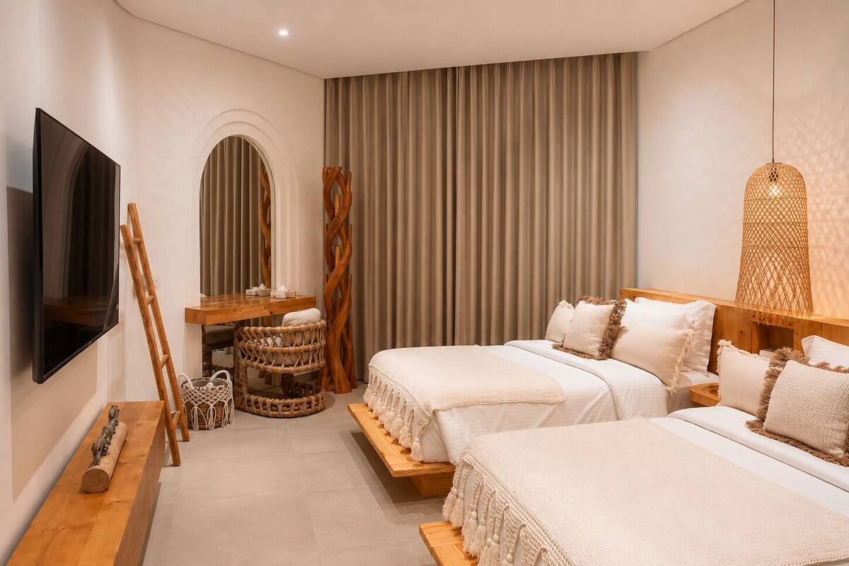 Habitación de hotel con dos camas, televisión, escritorio de madera y ventana grande con cortinas.