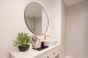 Shower, hair dryer, bidet, towels