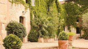 A courtyard with stone walls, potted plants, and a building with ivy.