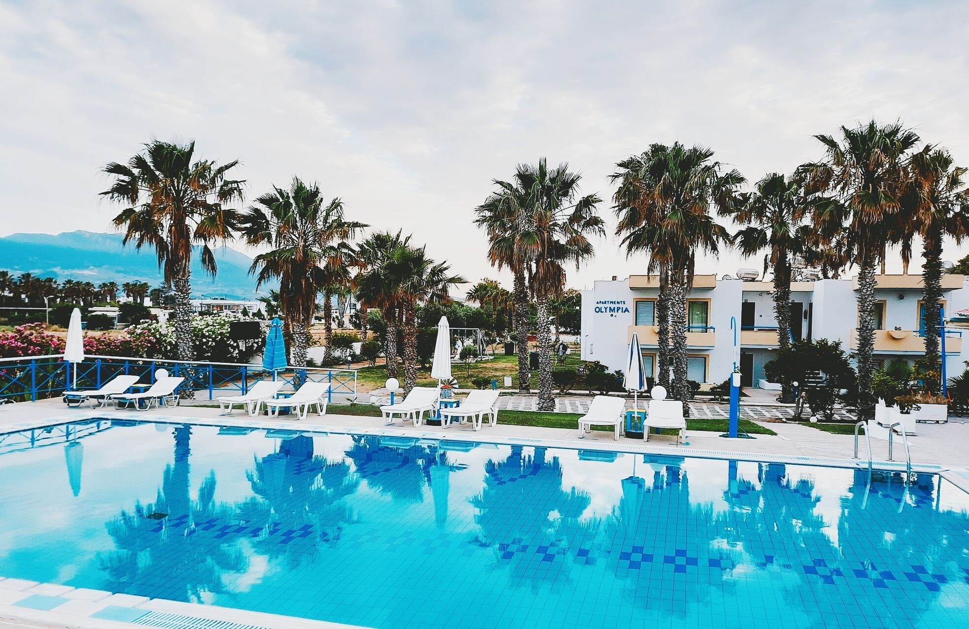 Una piscina con sillas de descanso y palmeras, rodeada por un edificio que dice 'Apartments Olympia'.