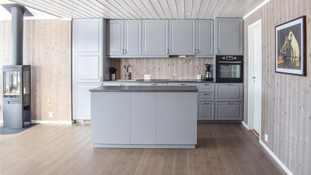 A modern kitchen with grey cabinets, a central island, a built-in oven, and a wood-burning stove. - 3 bedroom amazing home in Jaren (Jaren)