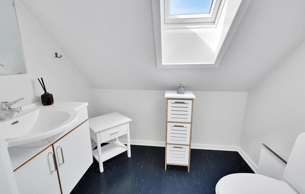 Een moderne badkamer met dakraam, witte sanitair en een zwarte vloer.