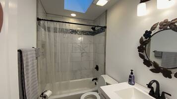 Hair dryer, towels, soap, toilet paper