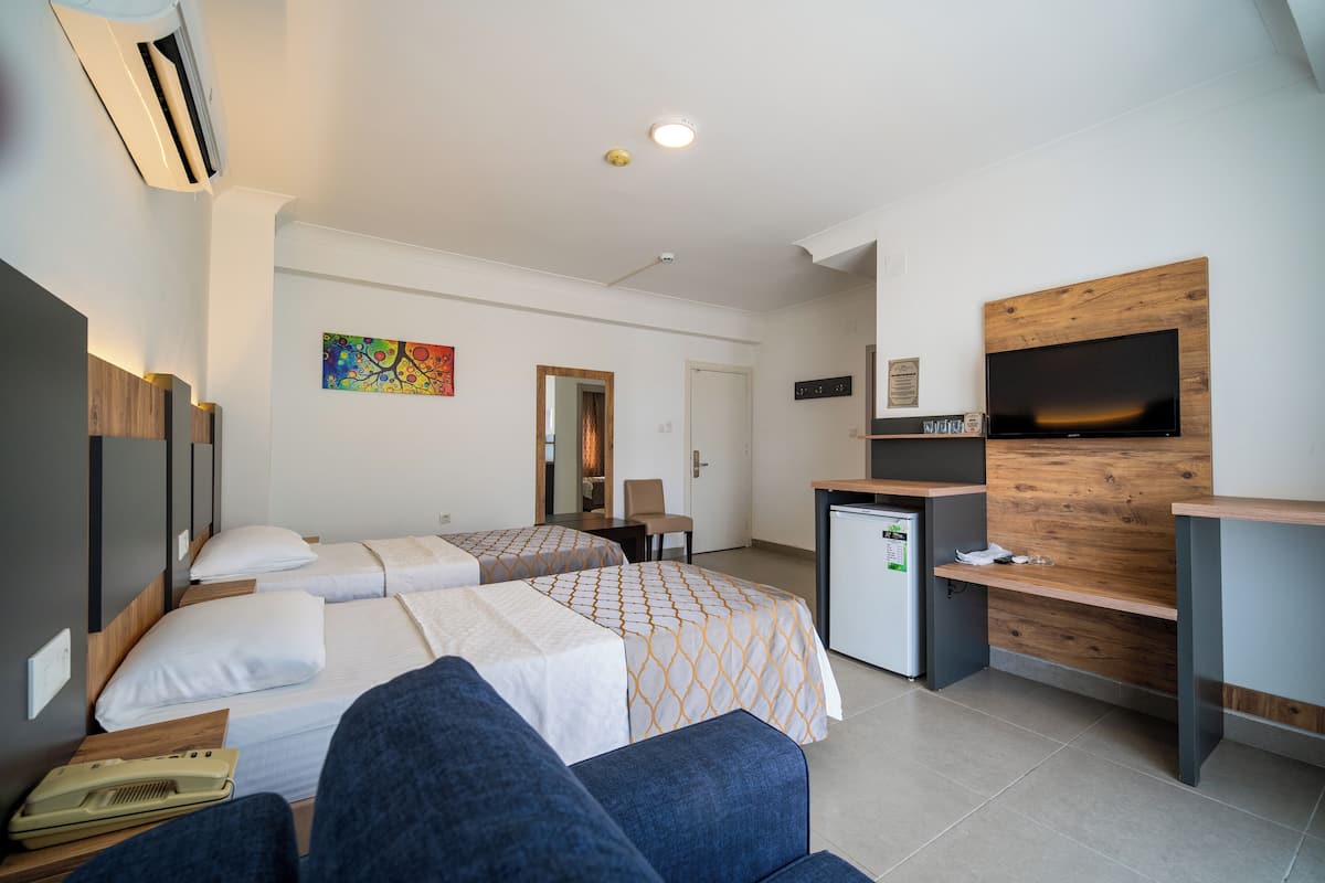Een hotelkamer met twee bedden, een bureau, een televisie en een kleine koelkast.