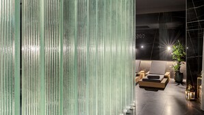 Un interior moderno con un separador de vidrio, una zona de estar con una planta y un diseño geométrico en la pared.